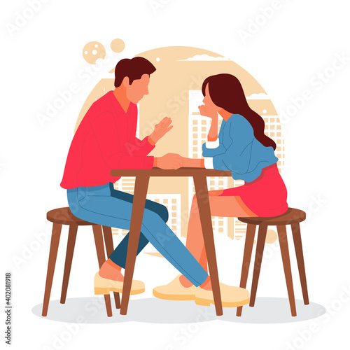 portrait of romantic couple posing in stylish outfits, for valentine's day. flat design concept. vector illustration