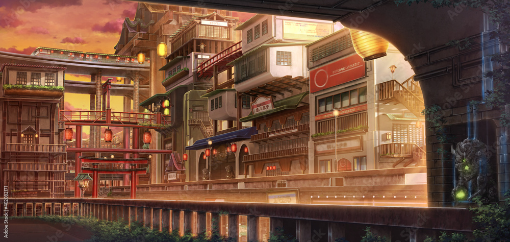 Light City - Sunset , Anime background , Illustration