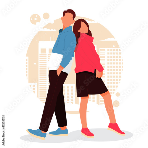 portrait of romantic couple posing in stylish outfits, for valentine's day. flat design concept. vector illustration