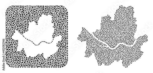 Map of Seoul Municipality collage designed with rounded items and carved shape. Vector map of Seoul Municipality collage of round items in variable sizes and grey color hues.
