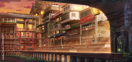 Light City - Sunset , Anime background , Illustration © Deztinie