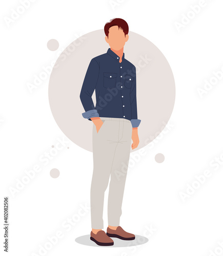 portrait of man posing in stylish outfits, flat design concept. vector illustration