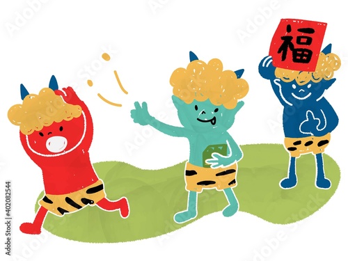 節分の豆まきをする子どもの鬼たちのベクター画像