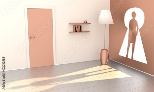 Empty room with sunlight shining through woman shaped window. 3D rendering.