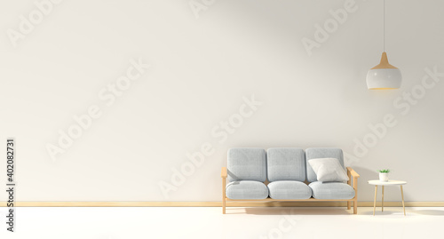 minimal interior design room with sofa, low table, Decoration plant and japan style design Hanging lamp light in wall.3D rendering interior design. Modern living room Japanese style.3D rendering