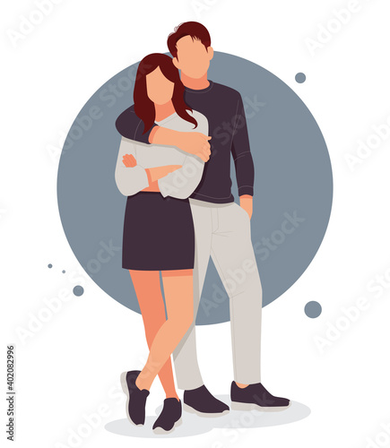 portrait of romantic couple posing in stylish outfits, for valentine's day. flat design vector illustration