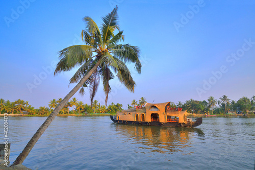 House boats in Kerala sailing on Vembanad lake 