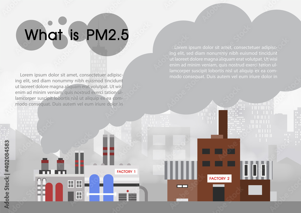 Closeup factory with example texts wording of pm2.5 on giant smoke and pm 2.5 bad fog on landscape city view and gray background.
