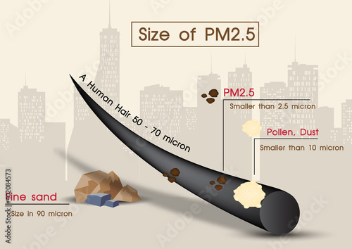 Closeup and example human hair compare with size of pollen, fine sand and PM2.5 on landscape city view background. Poster of infographic about PM2.5 toxic dust in vector design.