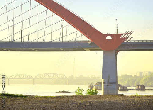 Bridges on the Ob. Bugrinskij and railway bridges in the morning mist photo