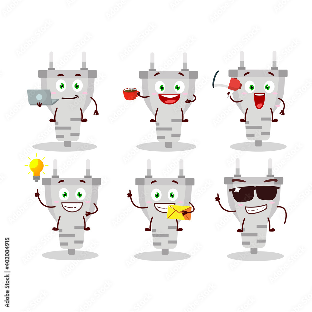 Obraz premium White plug cartoon character with various types of business emoticons