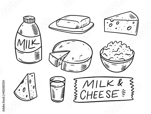 Milk products. Hand drawing vector illustration. Black and white colors. Engraving style. Isolated on white background.