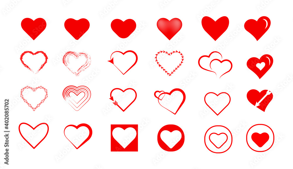Different style red hearts isolated on white background, collection of heart illustrations, Love symbol icon set, love, Gray line, symbol.