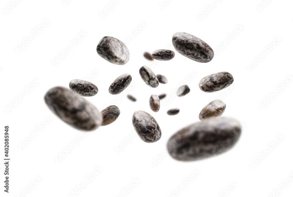Chia seeds levitate on a white background