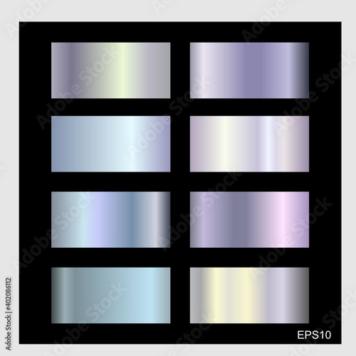 vector gradient background, silver, holographic, texture gradation background set. Vector shiny hologram and metalic gradient collection for border, frame, ribbon,