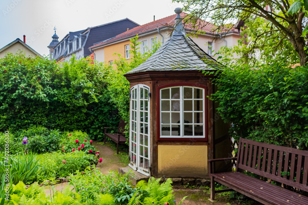 Landscape view of Gazebo in rear garden of the house where  the famous composer and musician J.S. Bach was born in March 31, 1685.