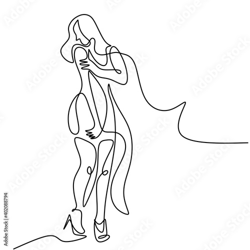 Continuous one line drawing of cheering woman in short dress. Happy young girl with long hair standing pose and wearing cute clothes. Character fashionable female. Vector minimalism design