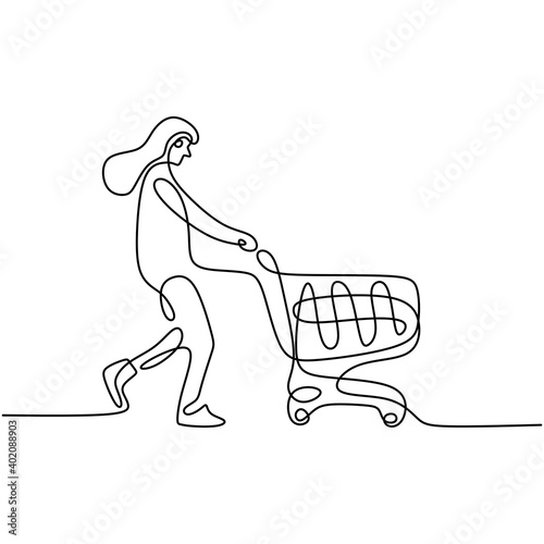 One continuous line drawing happy young women shopping together at super market and pushing trolley. Shopping in the market for daily needs. Monthly expenditure concept. Vector design illustration
