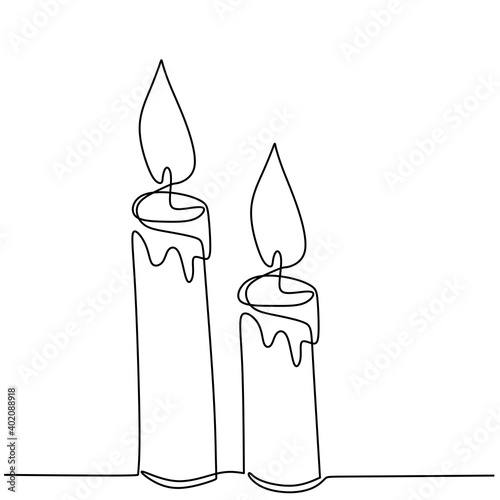 Beautiful candles continuous one line drawing. Two candlelight burning and melting. Hand-drawn of a couple of candles minimalism design on white background. Isolated vector illustration