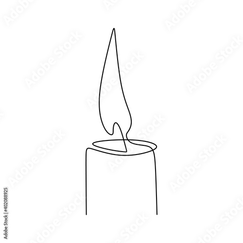 One continuous line drawing of candle lighted. Burning fire and melting candle isolated on white background. Light in the dark concept black outline design. Minimalism style. Vector illustration
