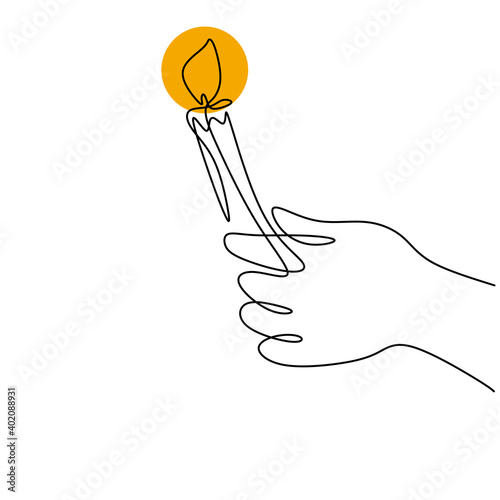 Continuous one line drawing of a hand holding burning candle. Human hands holding a memory candle. Melting wax candle in left hand. Vector minimalism design isolated on white background