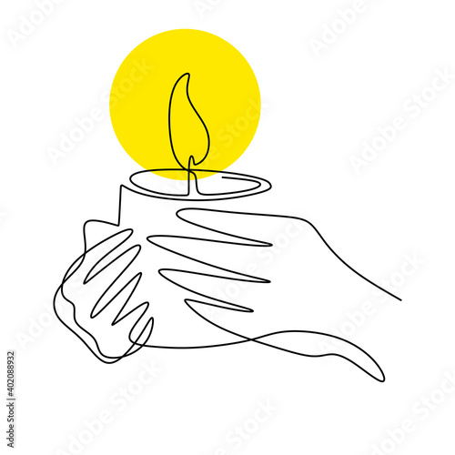 Continuous one line drawing of a hand holding burning candle. Human hands holding a memory candle. Melting wax candle in left hand. Vector minimalism design isolated on white background