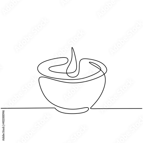 Candle one continuous line drawing. Burning aromatic lighted candles in cup isolated on white background. The concept of beauty spa or salon for relaxing hand-drawn line art minimalism design