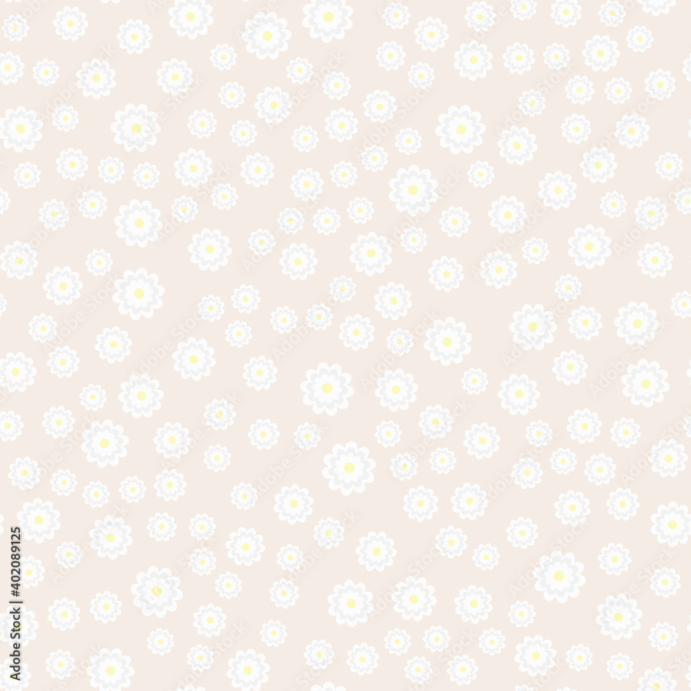 Seamless patterns. White  chamomile or daisies on a beige background. Pastel colors for textile or designer decor. Cute endless floral pattern. Vector illustration. Flat style