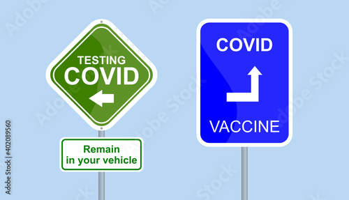 Vaccine, direction indicator of the vaccination zone. Testing here. COVID-19. Illustration of traffic signs. Symbol of traffic, transportation. Coronavirus pandemic.