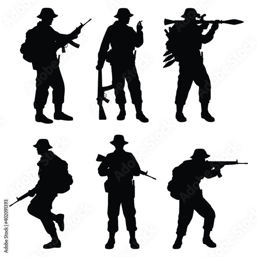Set of Thailand black rangers forces men with his weapon silhouette vector