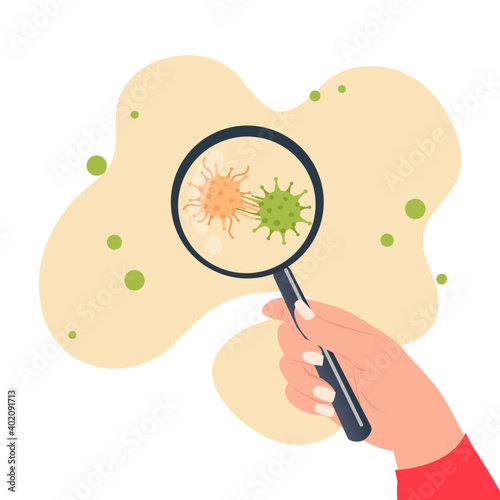 Hand holding a magnifying glass to see corona virus mutation. Covid-19 research update. Flat vector design.