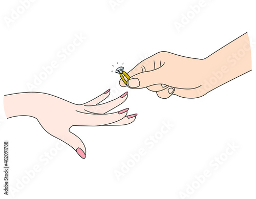 Man putting a diamond ring on woman’s finger. Vector illustration