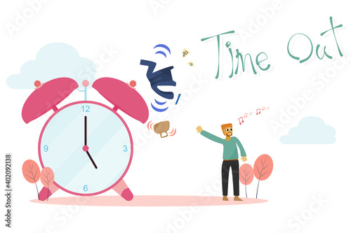 Concept happy, time out, weekend, rest. Young businessman  Walking home  With a clock showing time off work, flat style vector illustration for content, long weekend, vacation, time off work, happy 