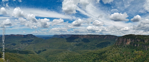 Beautiful panoramic view of mountains and valleys  Narrow Neck Lookout  Blue Mountain National Park  New South Wales  Australia 