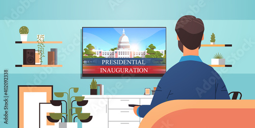 man watching tv with capitol white house building USA presidential inauguration day celebration concept living room interior horizontal portrait vector illustration