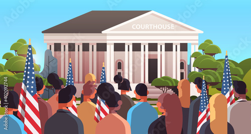 mix race people with american flags waiting for democrat president near courthouse celebrating USA presidential inauguration day horizontal vector illustration