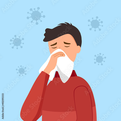 A man cover her sneeze with handkerchief vector illustration. Sneezing male with virus around. Covid-19 Coronavirus disease. Season allergy.