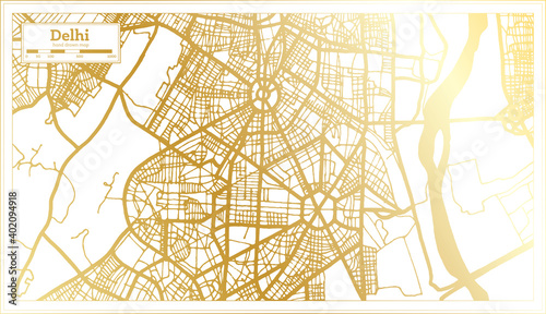 Delhi India City Map in Retro Style in Golden Color. Outline Map.