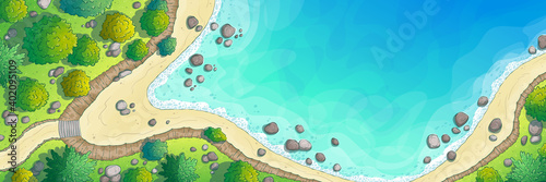 Beach with trees and stones, top view. Hand drawn vector illustration with separate layers.