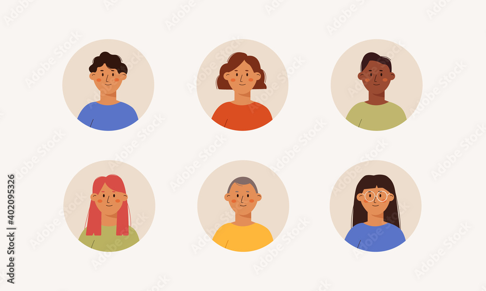 Set of different person portrait. Collection of people avatars isolated. Bundle of colleagues. Vector concept illustration of young male, female faces and shoulders. Man and woman faces at round frame Set of different person portrait. Collection of people avatars isolated. Bundle of colleagues. Vector concept illustration of young male, female faces and shoulders. Man and woman faces at round frame