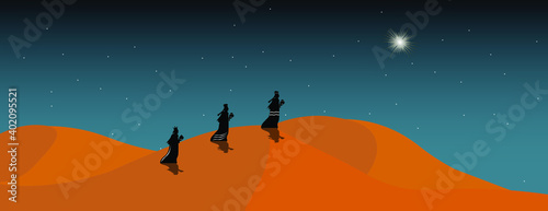 Three kings walking vector illustration. Epiphany is a Christian festival.