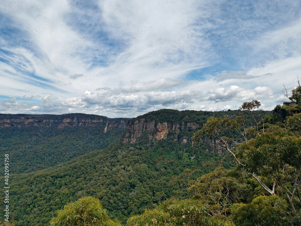 Beautiful view of tall mountains and deep valleys,Three Sisters Lookout, Blue Mountain National Park, New South Wales, Australia
