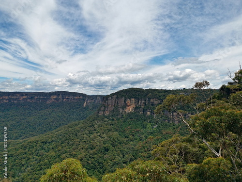 Beautiful view of tall mountains and deep valleys,Three Sisters Lookout, Blue Mountain National Park, New South Wales, Australia 