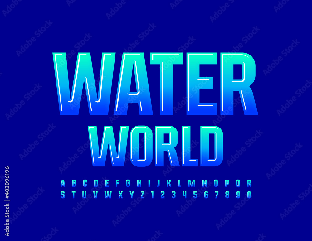 Vector blue logo Water World. Glossy Alphabet Letters and Numbers set. Bright gradient Font