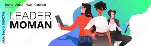 mix race businesswomen in formal wear standing together successful business women using digital gadgets online communication concept horizontal portrait copy space vector illustration