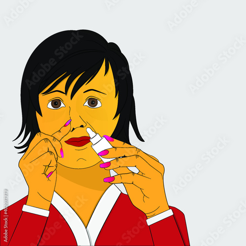 Vector image of a woman with nose drops in her hand.Healing of runny nose.  For advertising and medical publications. EPS 10.