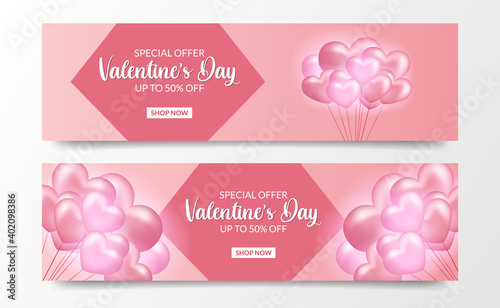 valentine's day sale offer banner card template with 3d pink pastel heart shape helium balloon illustration