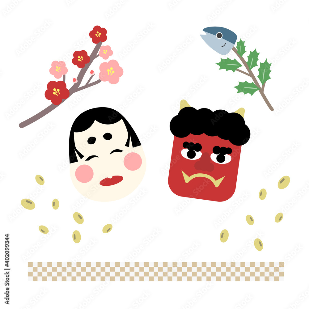 福の神と鬼と豆まき梅の花節分イラスト素材 Stock ベクター Adobe Stock
