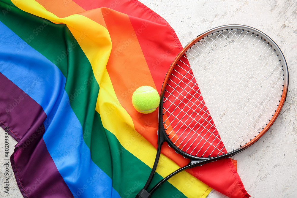 Rainbow LGBT flag and tennis racket with ball on light background Stock  Photo | Adobe Stock