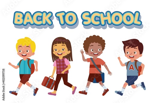 a group of children happily walked to school while carrying their bags